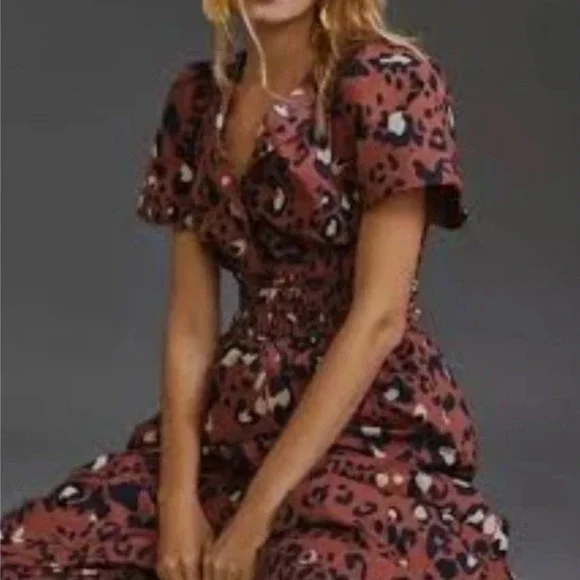 Anthropologie Maeve Somerset Leopard Maxi Dress Brown Smocked Waist Pockets Sml. - Picture 2 of 15
